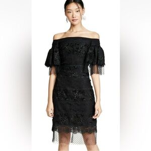 Costarellos Lace Shift Dress in black, featuring lace, embroidered mesh accents